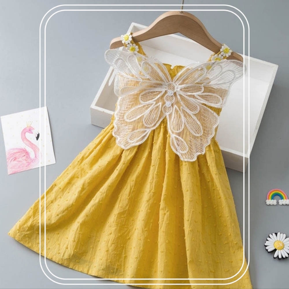 Baby Girl Butterfly Fairy Wing Sundress Floral Yellow Cami Summer Dress 9-12M